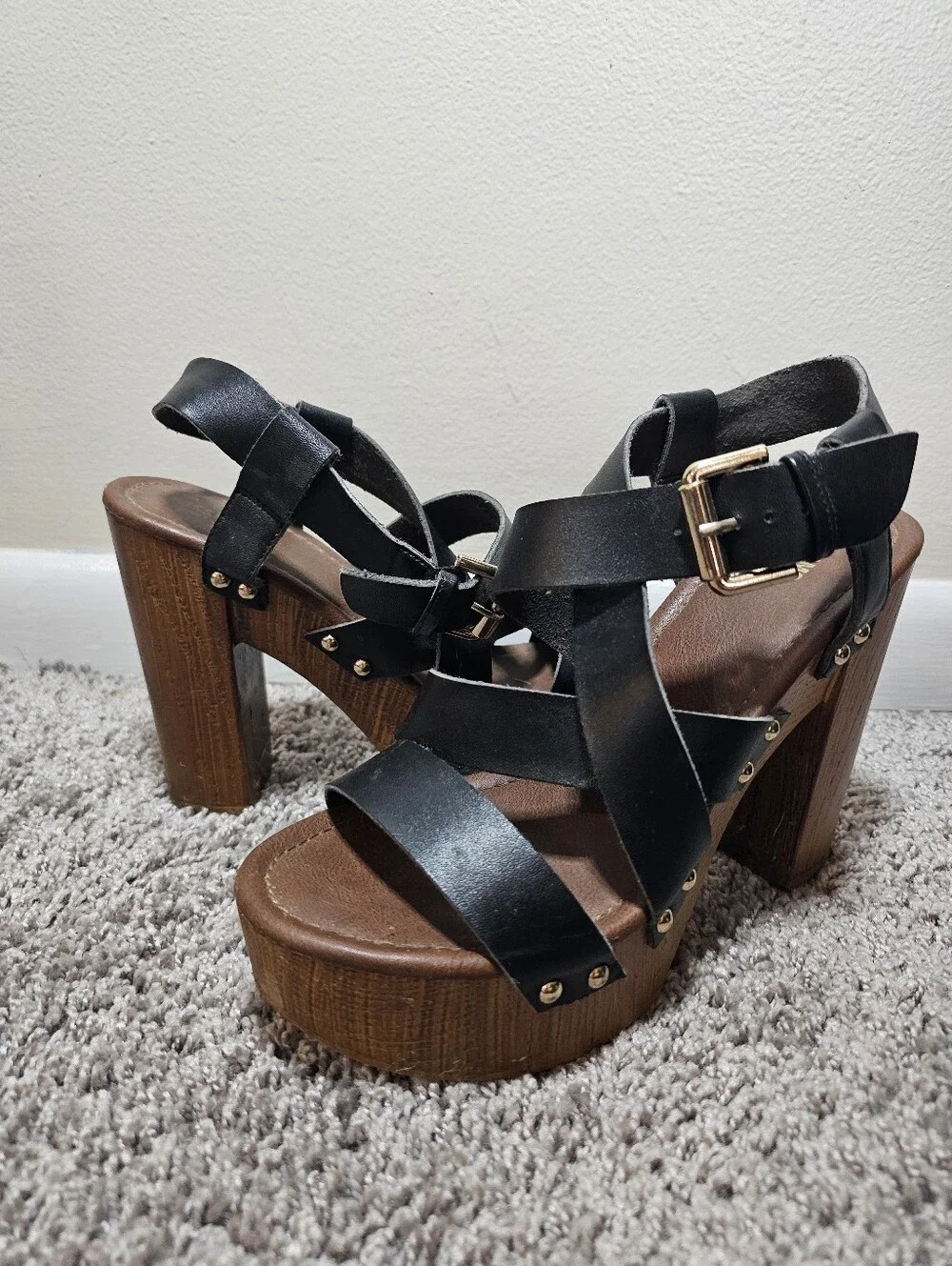 Mossimo Supply Co. Black Strappy Platform Sandals with Gold Buckle